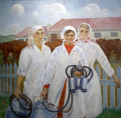 Работницы с доильным аппаратом